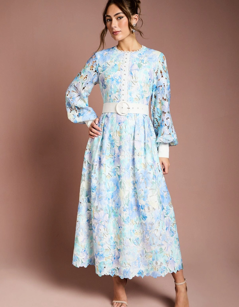 Printed Lace Blouson Sleeve Belted Midi Dress