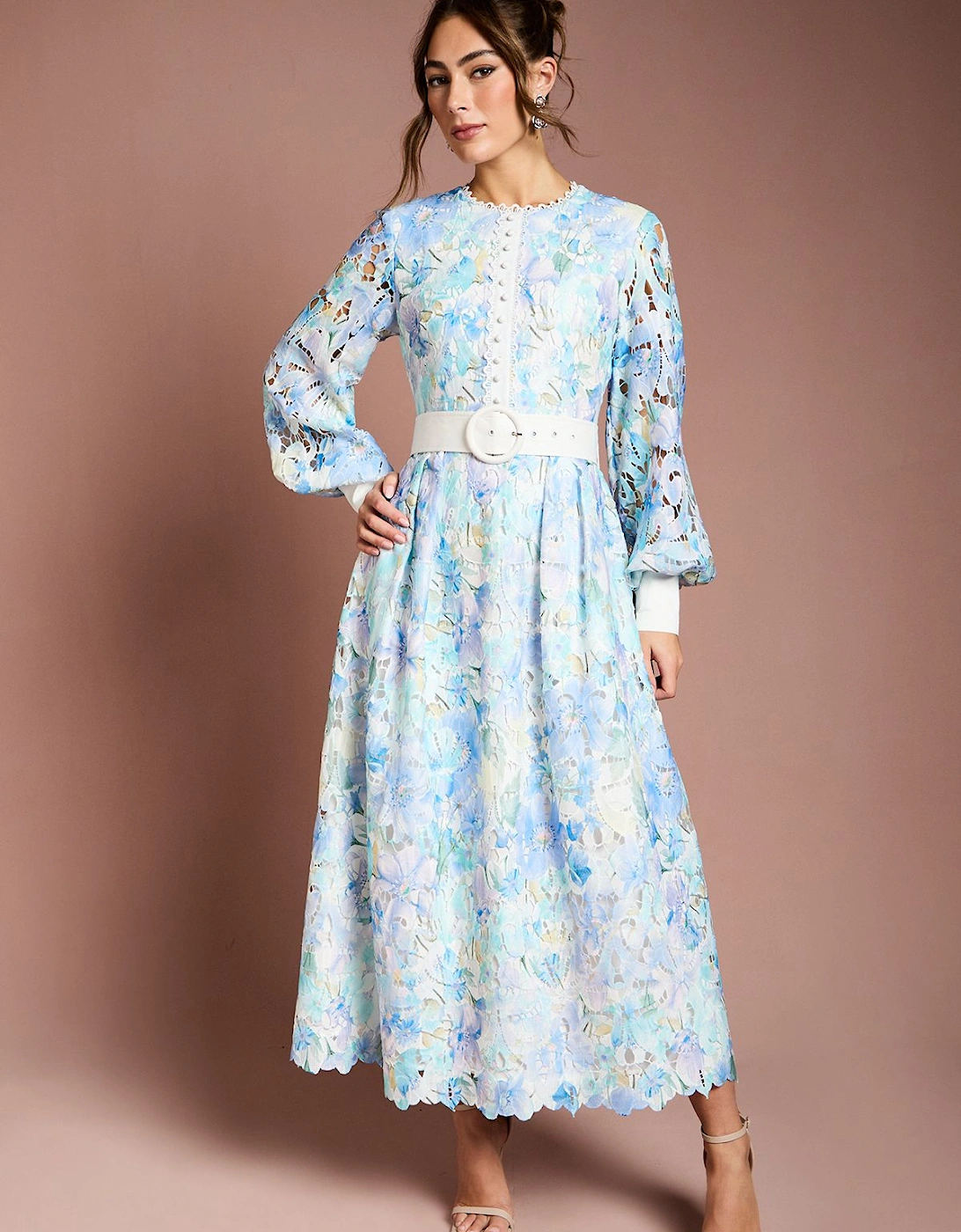 Printed Lace Blouson Sleeve Belted Midi Dress, 2 of 1