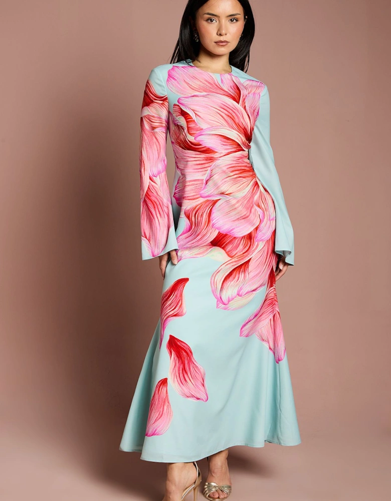 Petite Flare Sleeve High Neck Satin Maxi Dress