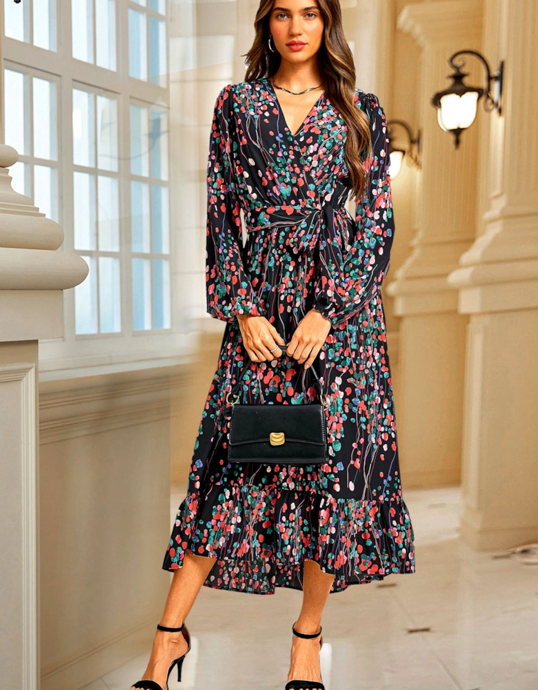 Abstract Floral Print Long Sleeve V Neck Wrap Top Midi Dress In Black