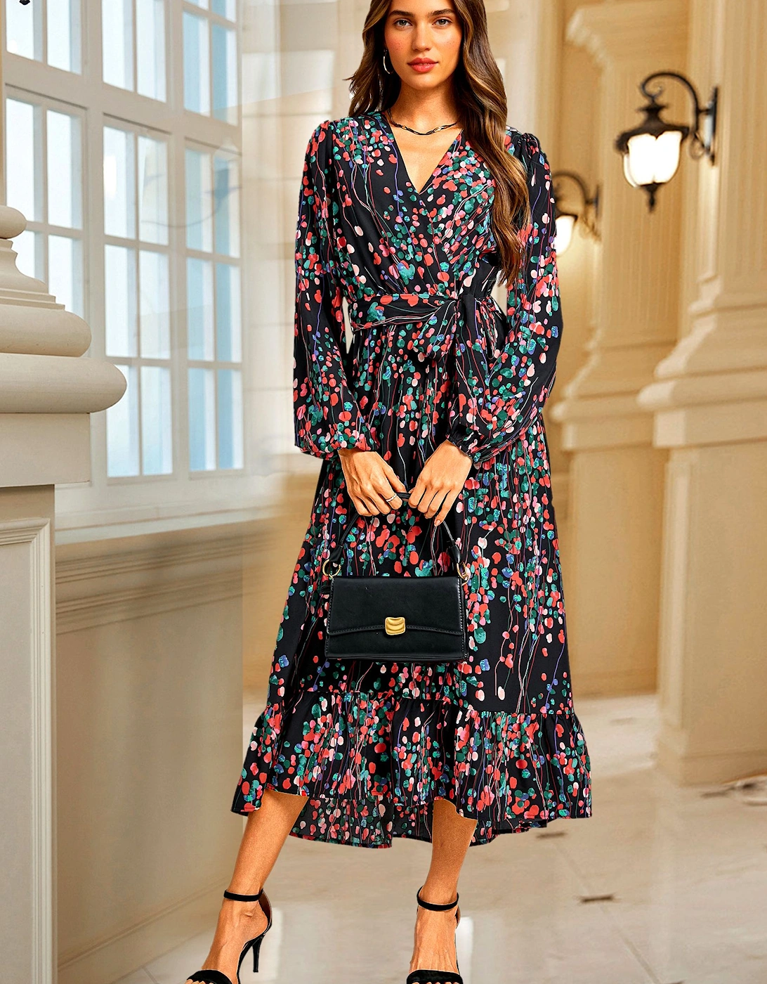 Abstract Floral Print Long Sleeve V Neck Wrap Top Midi Dress In Black, 2 of 1