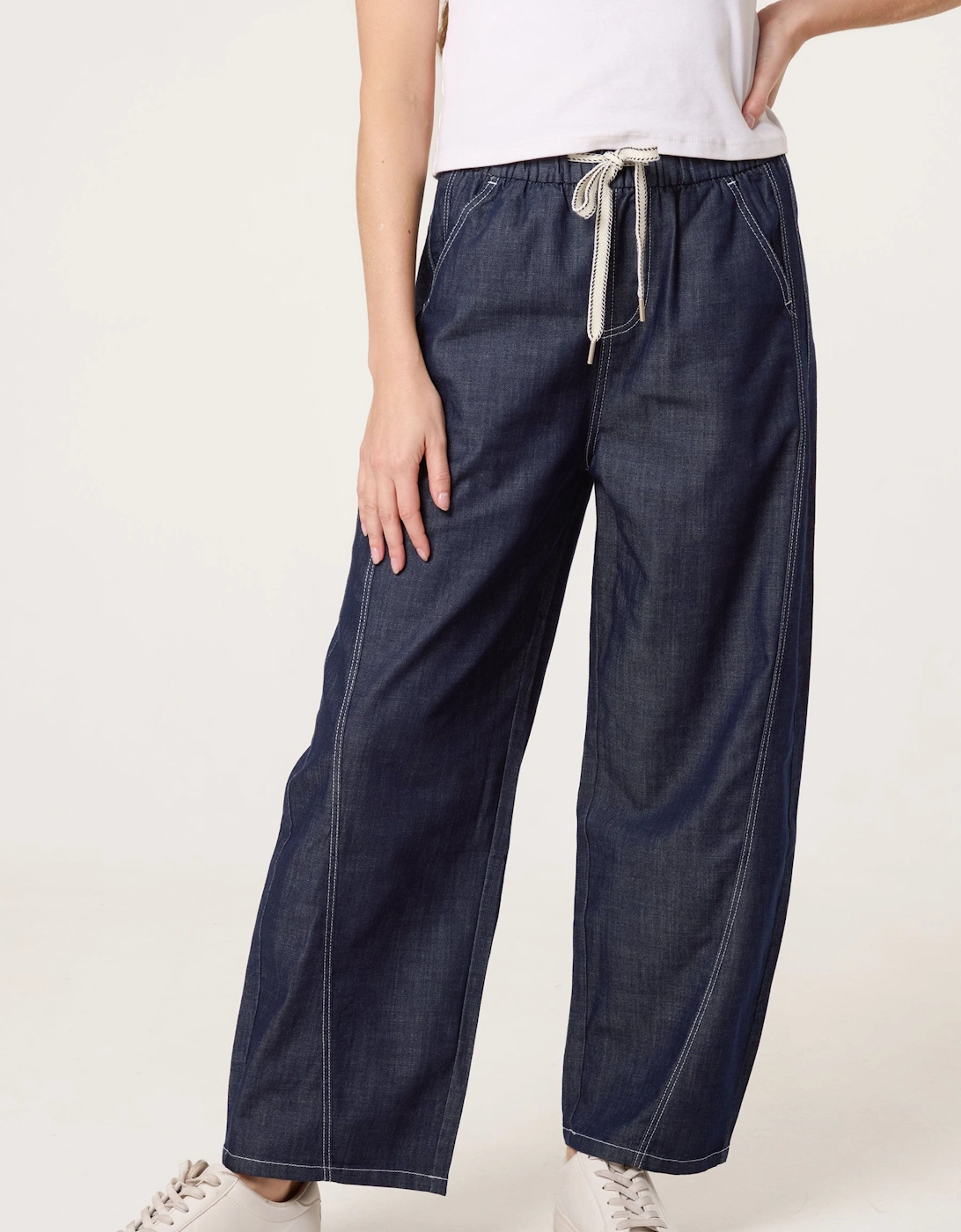 Navy Elastic Waist Seam Detail Jeans, 2 of 1