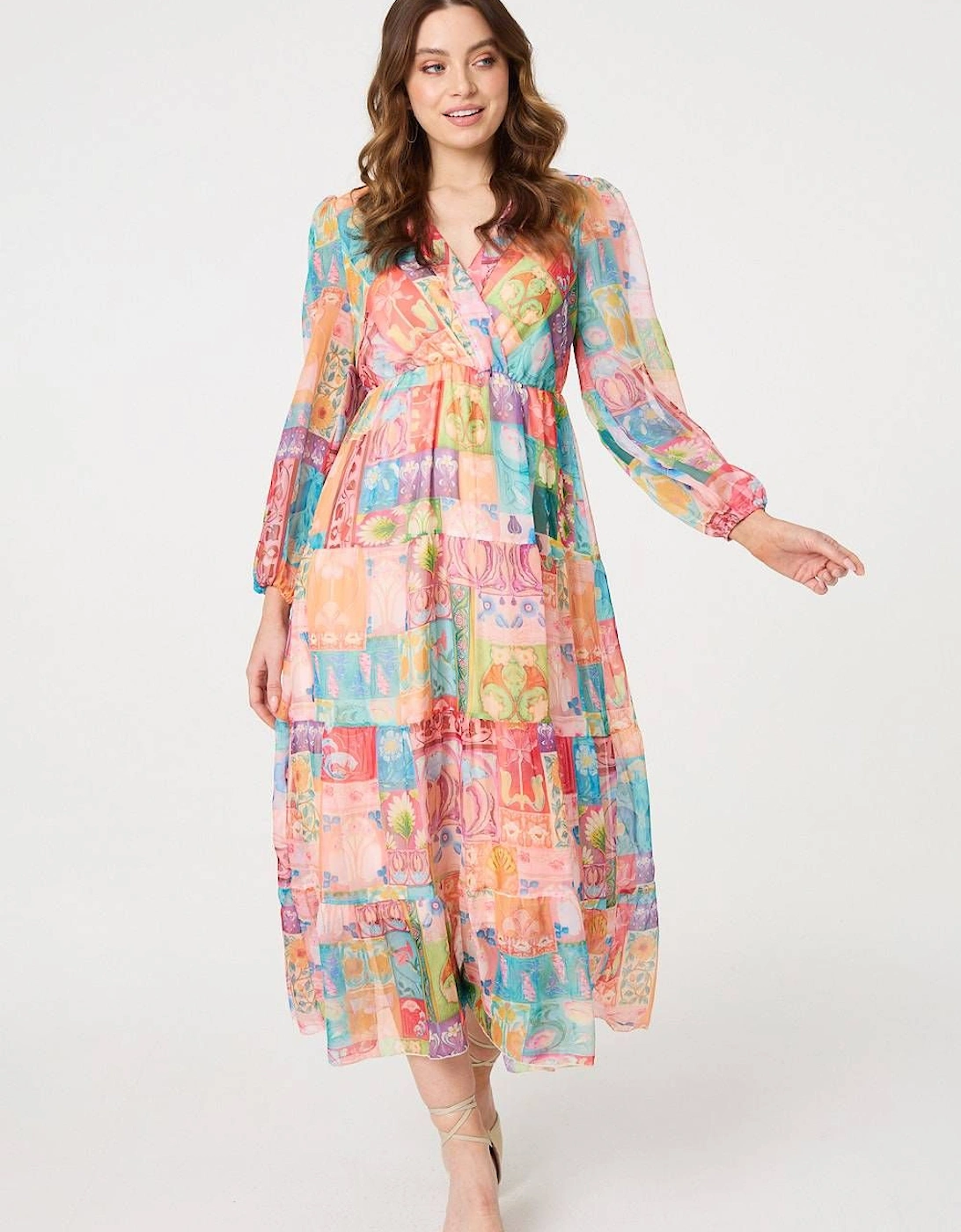 Patchwork Print Tiered Empire Midi Dress, 2 of 1