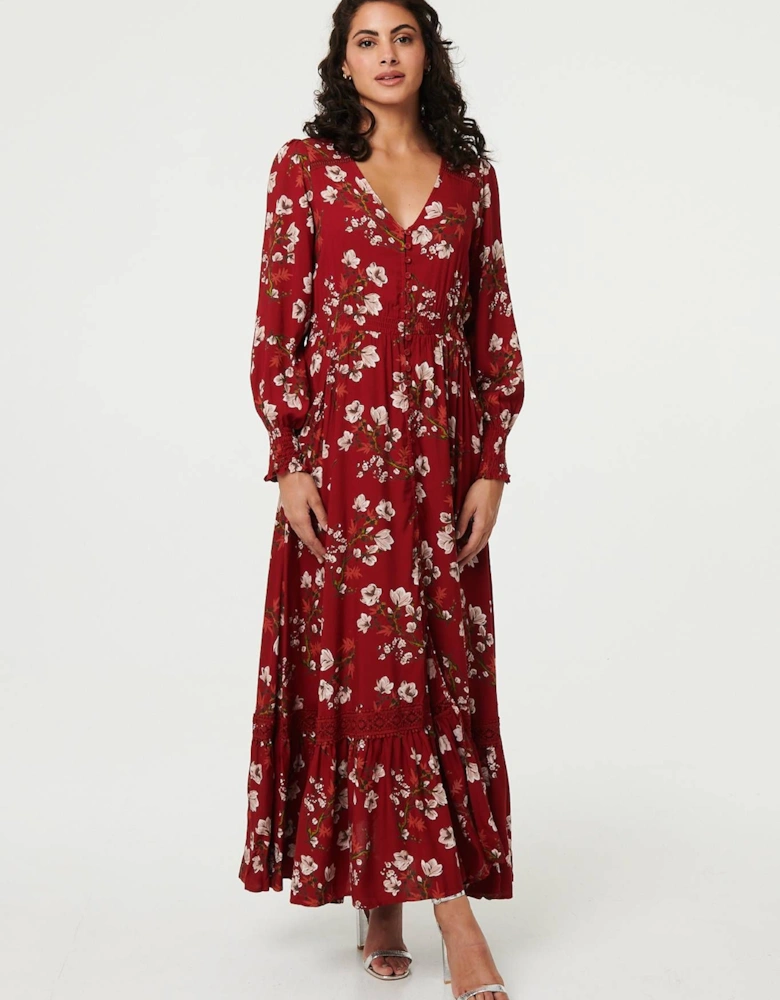 Floral Long Sleeve Lace Trim Maxi Dress