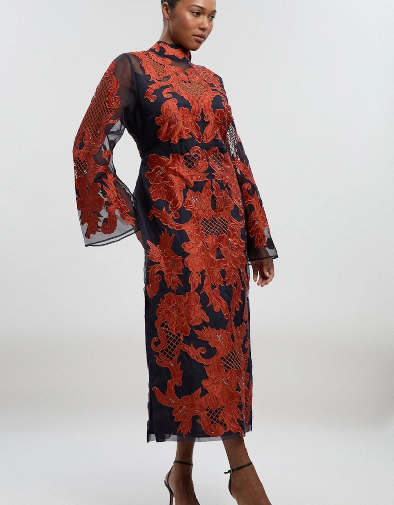 Plus Size Baroque Organdie Applique And Beaded Bell Sleeve Woven Midi Dress