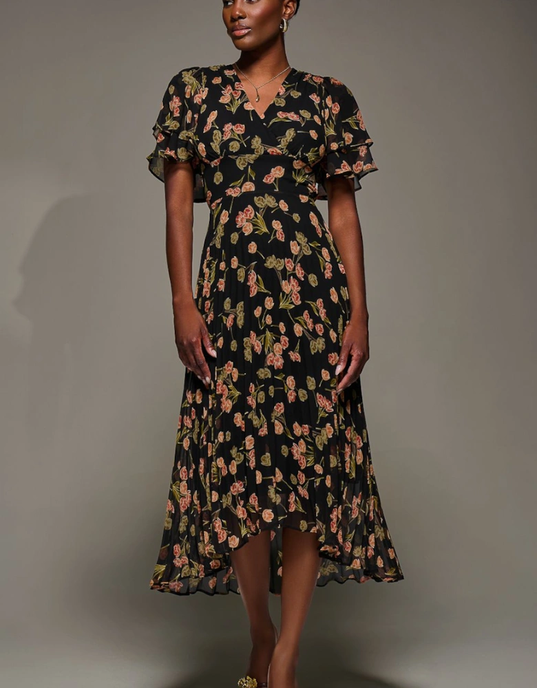 Angel Sleeve Pleated Chiffon Midaxi Dress