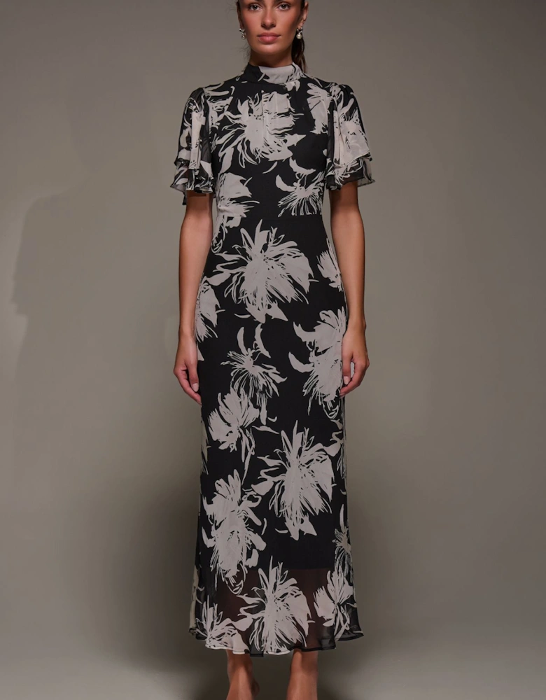 High Neck Angel Sleeve Chiffon Maxi Dres