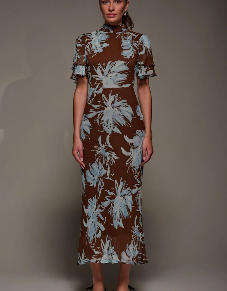 High Neck Angel Sleeve Chiffon Maxi Dres