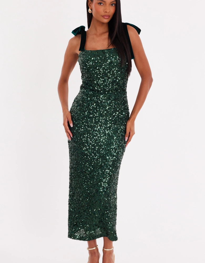 Green Sequin Bow Detail Midaxi Dress