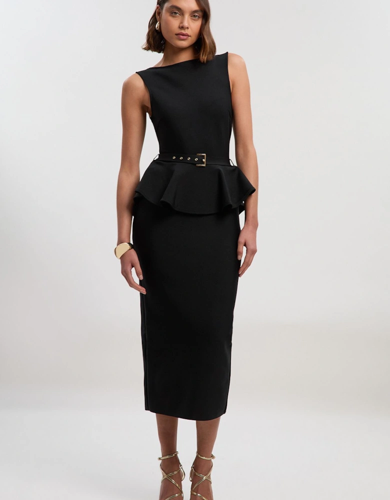 Figure Form Bandage Peplum Belted Pencil Knit Midi Dress