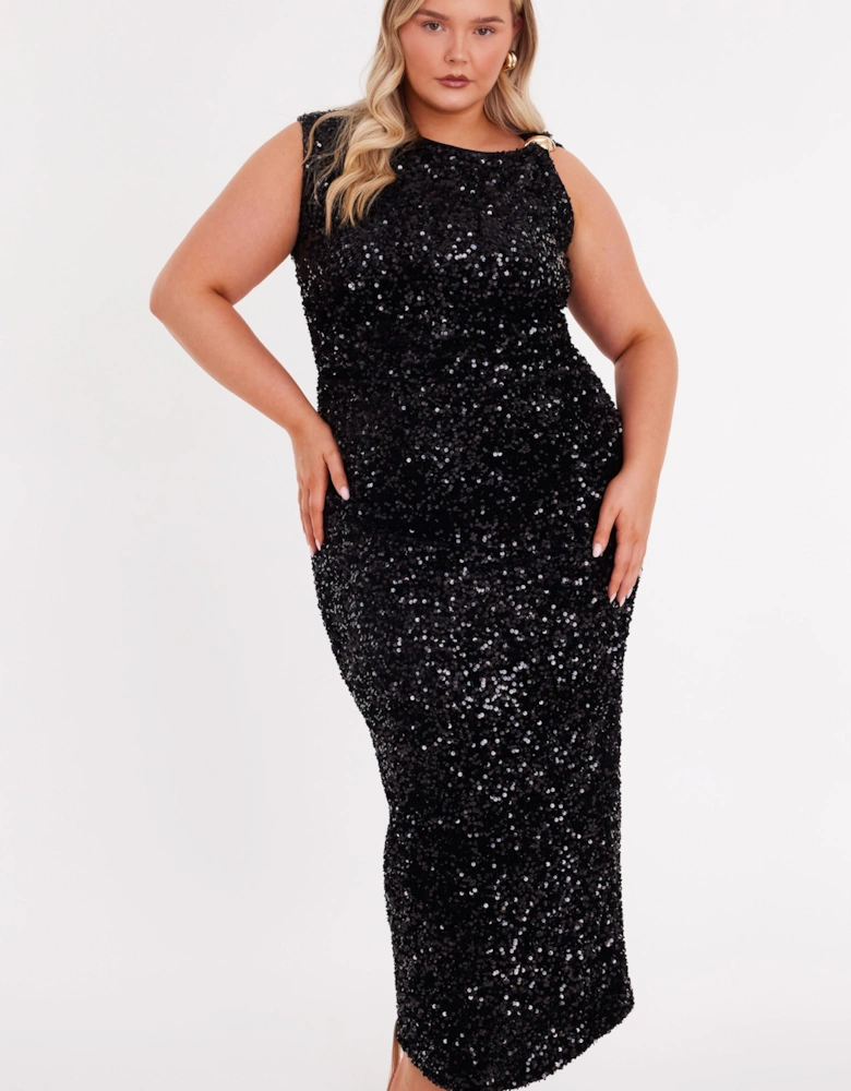 Black Curve Sequin Buckle Detail Midaxi Dress