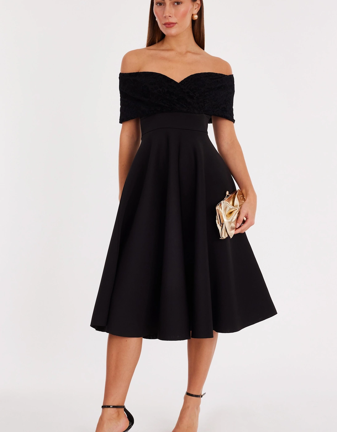 Black Lace Bardot Skater Dress, 2 of 1