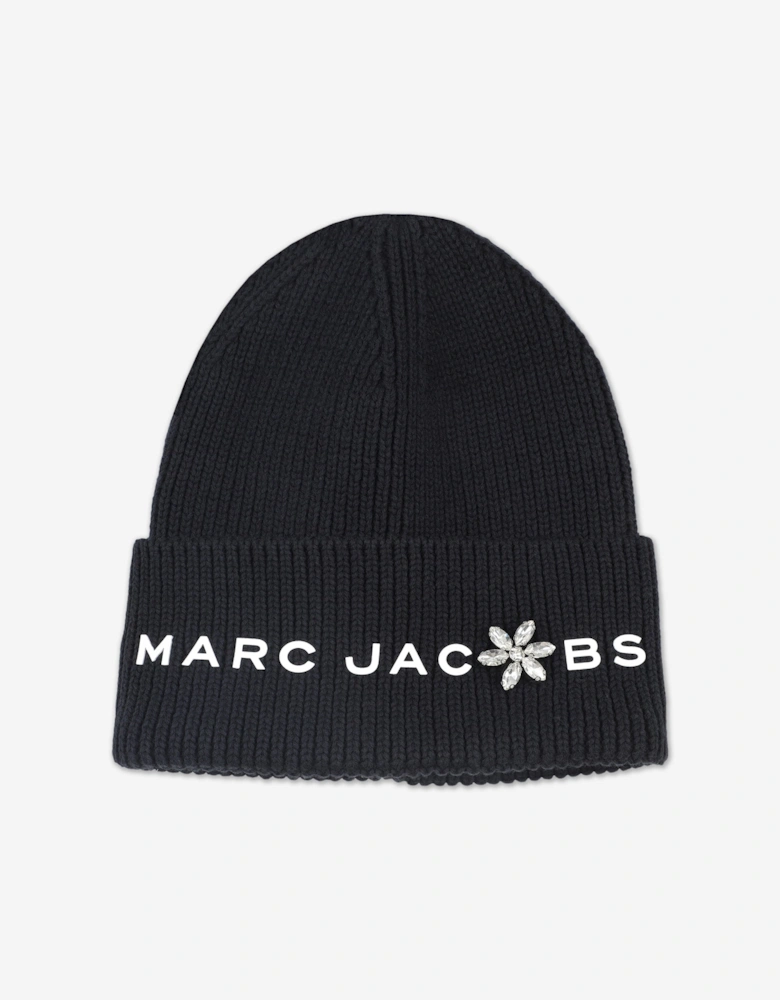 Girls Gem Logo Knitted Beanie Hat in Black