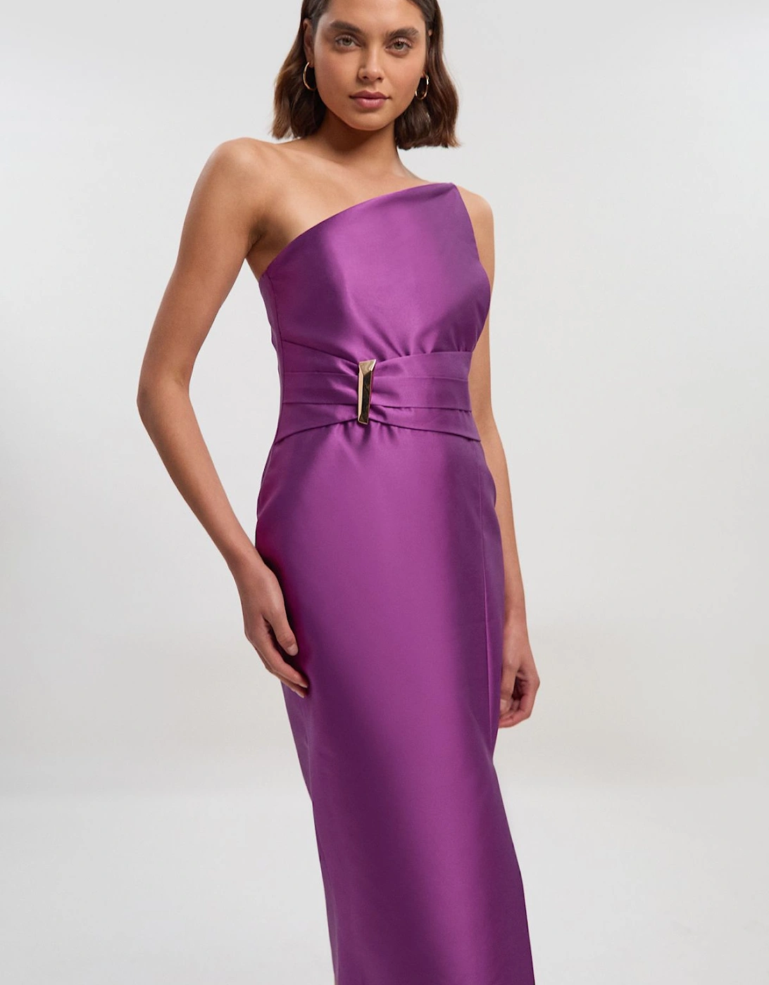 Satin Twill Trim Detail Structured Asymmetric Neck Tailored Midi Dress, 2 of 1