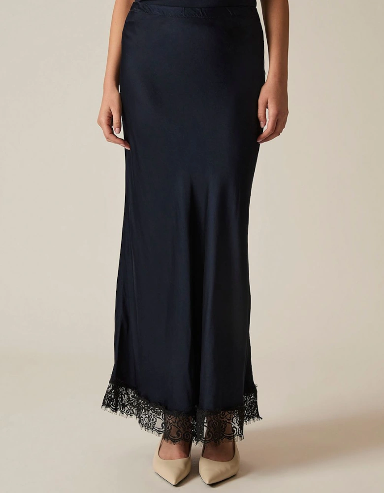 Navy Satin Lace Maxi Skirt