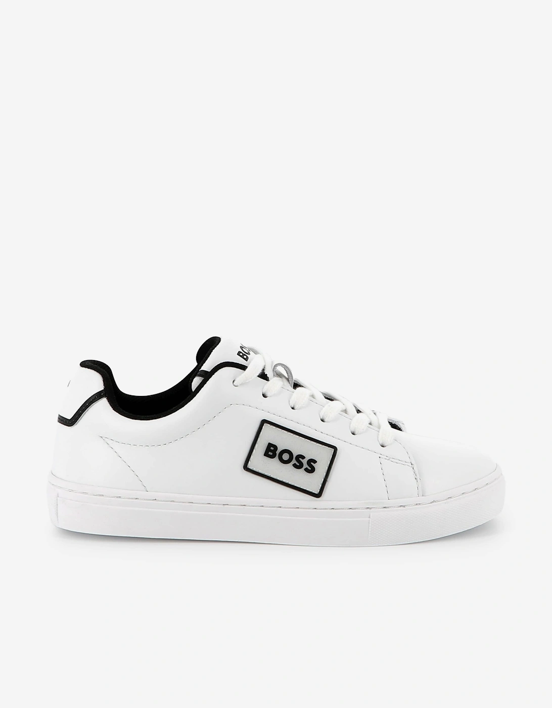 BOSS Boys Leather Logo Trainers in White, 5 of 4