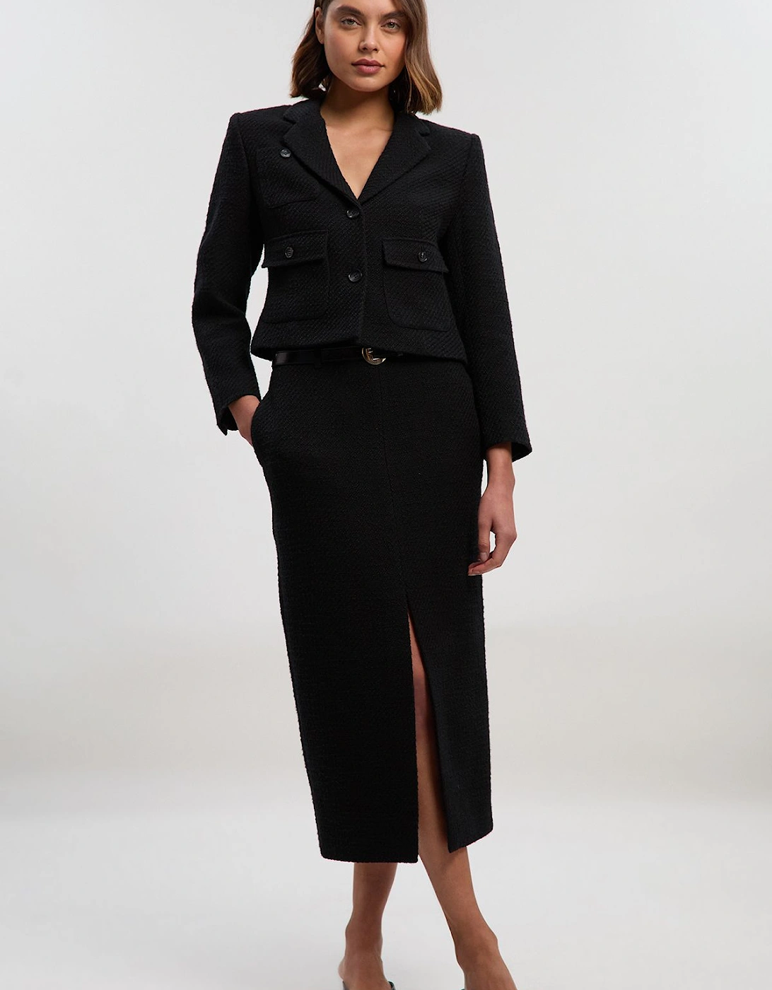 Textured Tweed Tailored Belted Pencil Skirt, 2 of 1