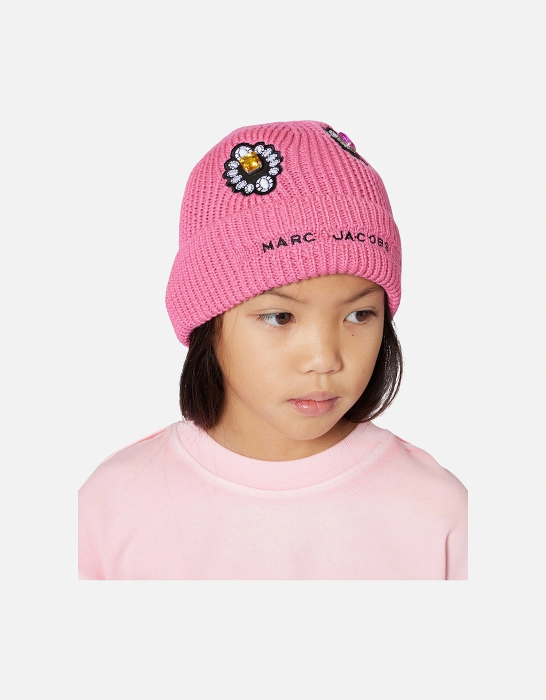 Girls Gemstone Knitted Beanie Hat in Pink