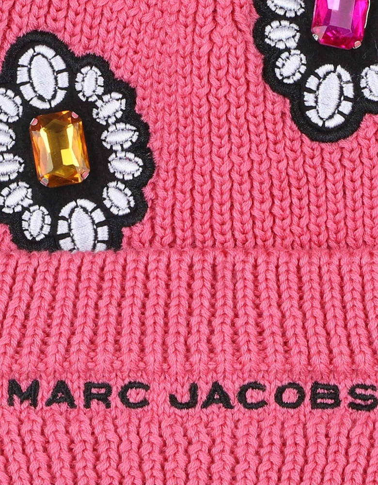 Girls Gemstone Knitted Beanie Hat in Pink