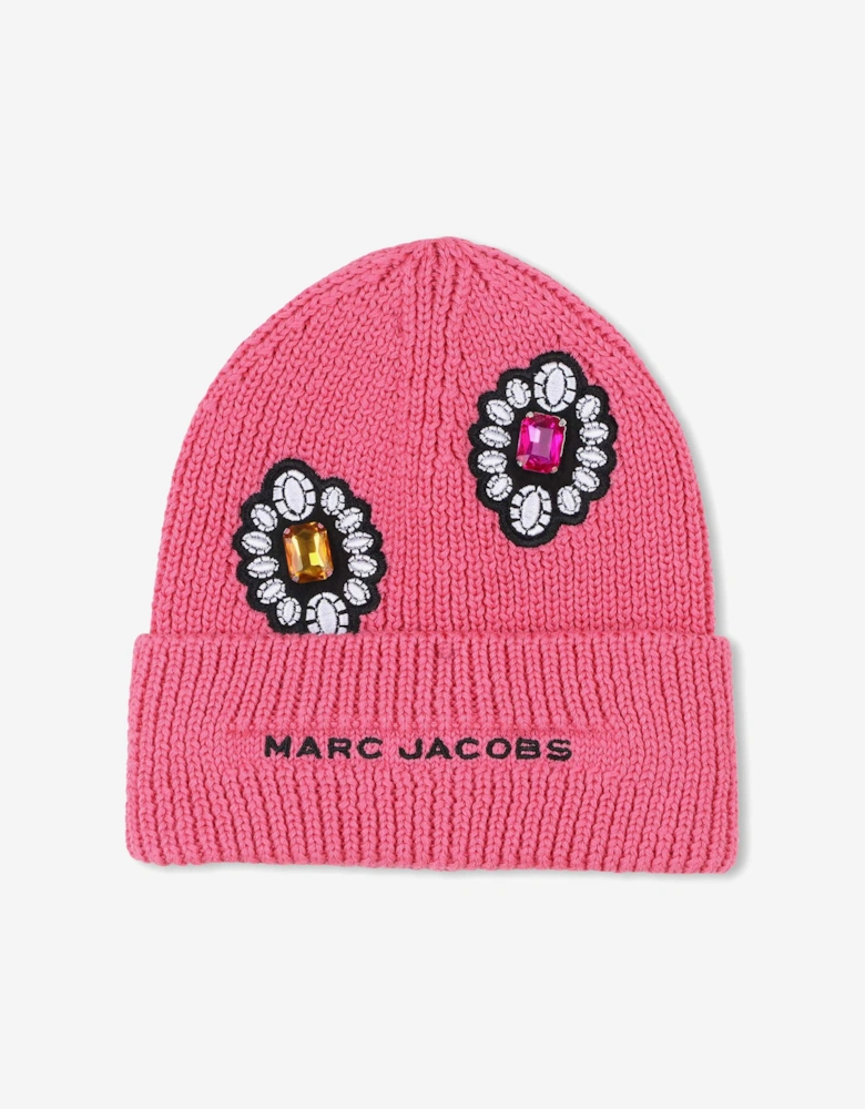 Girls Gemstone Knitted Beanie Hat in Pink