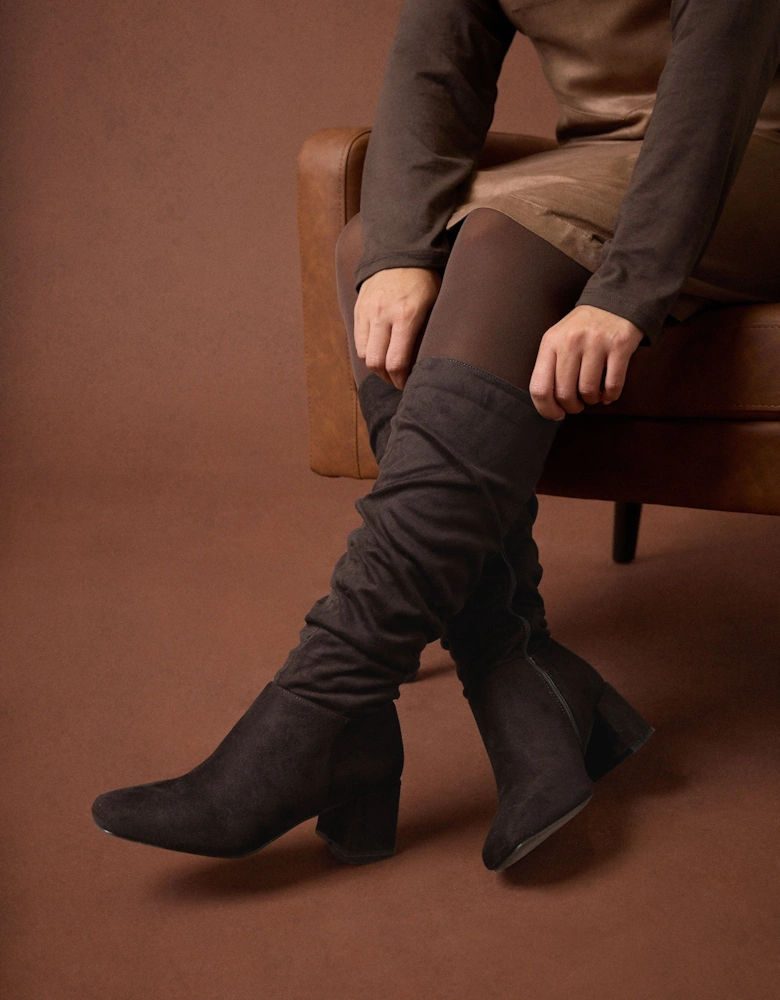 Faux Suede Ruched Knee High Boots In Standard Fit