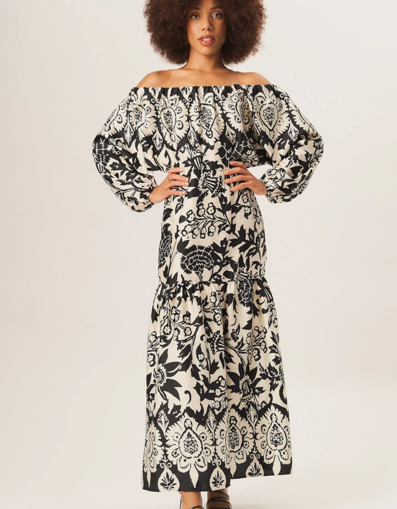 Mono Border Print Bardot Maxi Dress