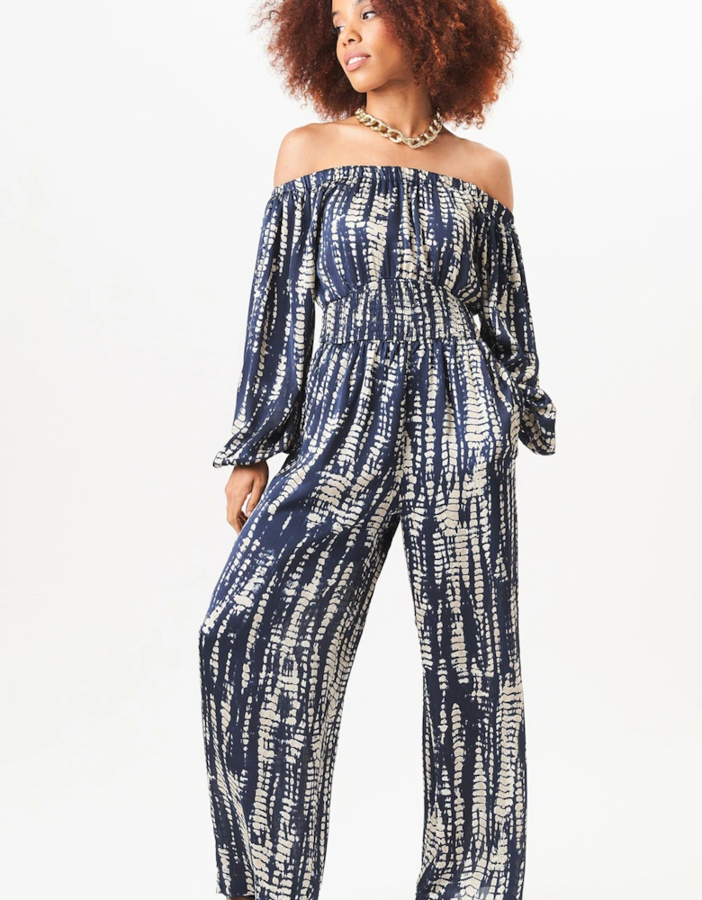 Navy Bardot Shirred Body Wide Leg Jumpsuit
