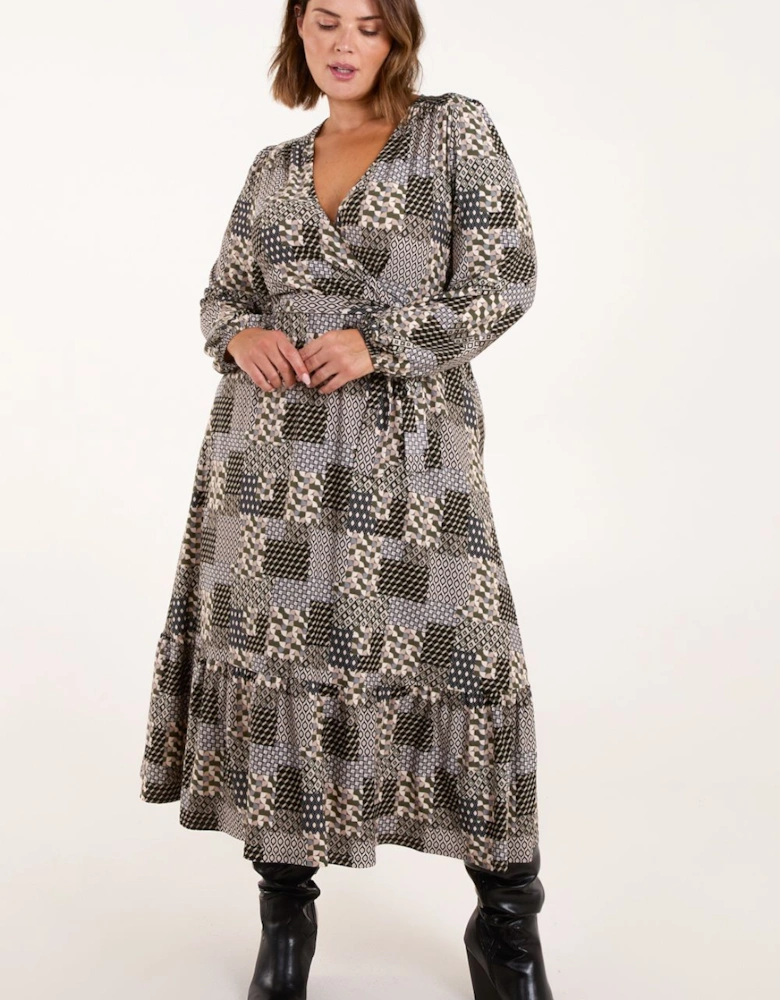 Curve Geometric Wrap Front Belted Midi Dress