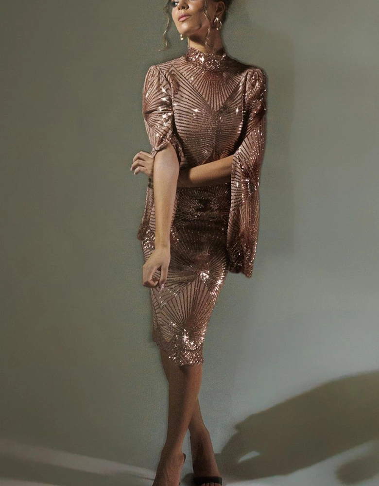 Sequin Starburst Cape Sleeve Midi Dress