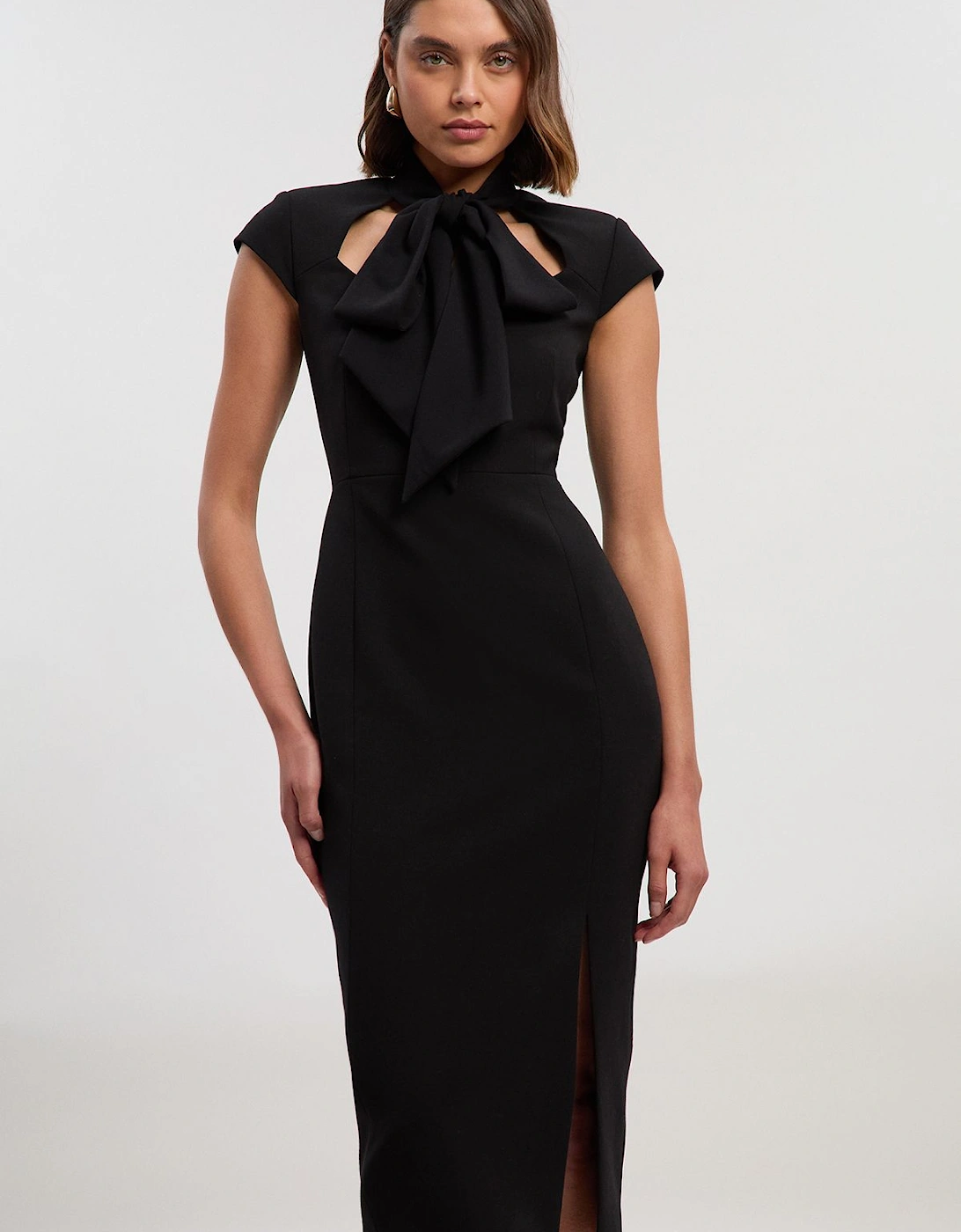 Compact Stretch Bow Tie Neck Tailored Pencil Midi Dress, 2 of 1