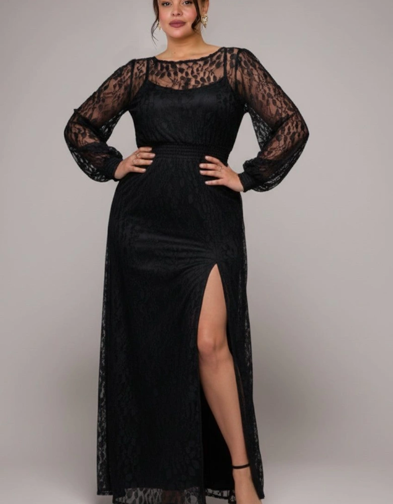 Lace Long Sleeve Shirred Waist Maxi Dress