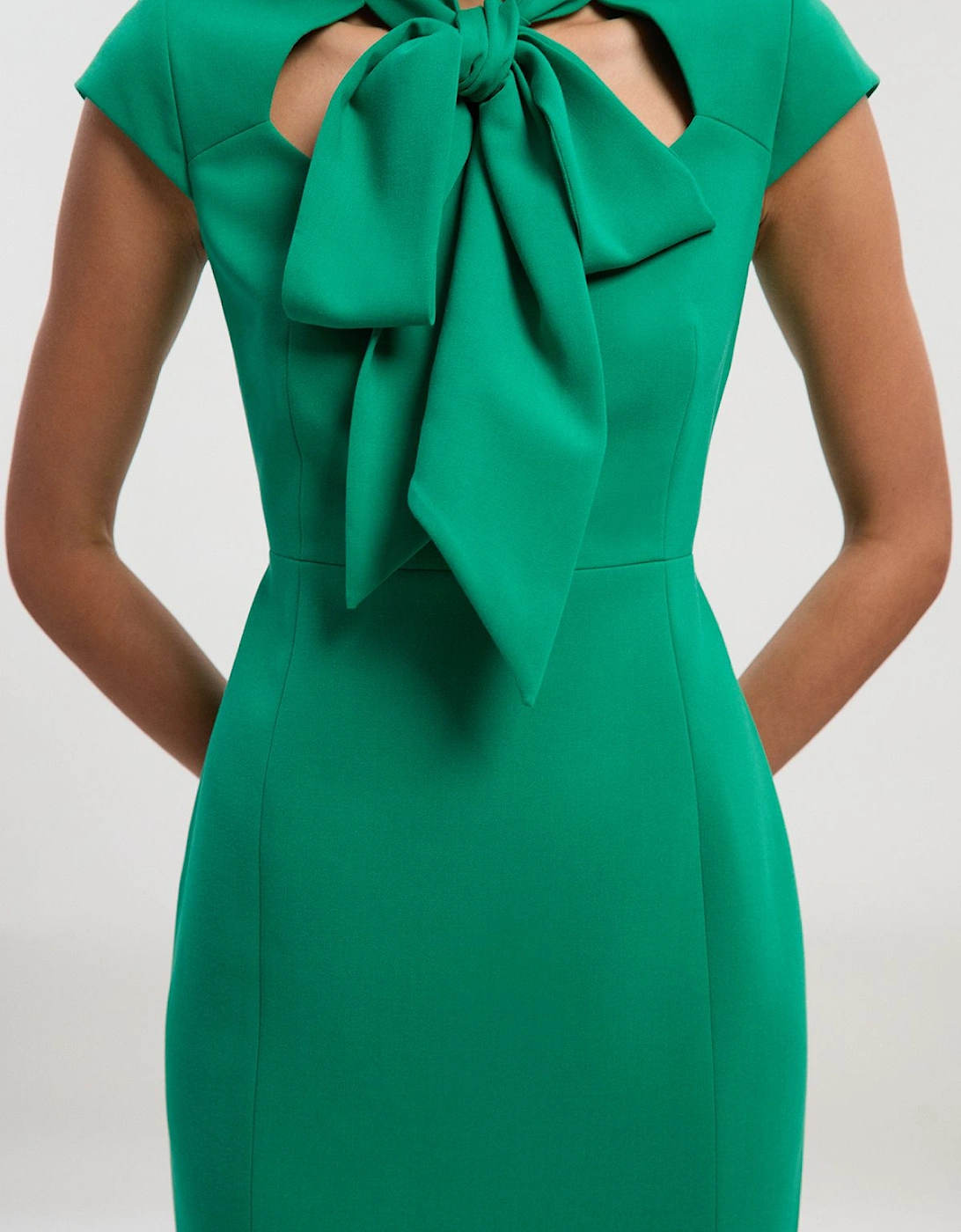 Compact Stretch Bow Tie Neck Tailored Pencil Midi Dress, 2 of 1