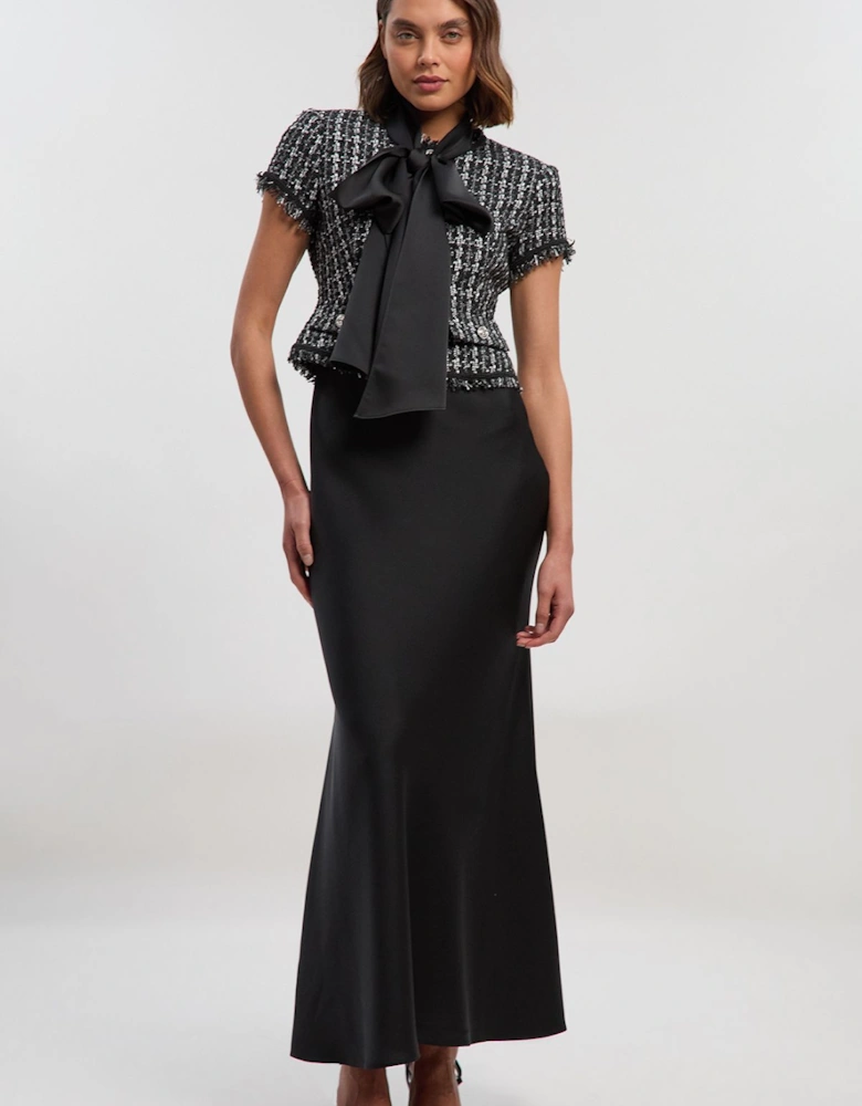 Boucle Tailored Tie Neck Satin Mix Midi Dress