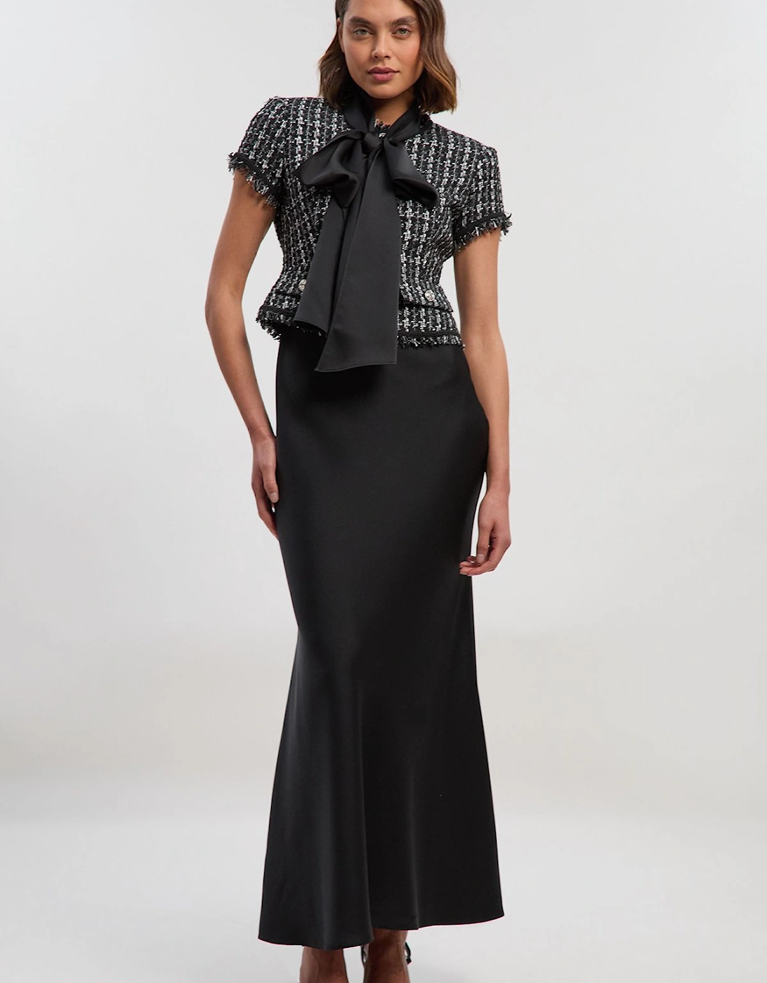 Boucle Tailored Tie Neck Satin Mix Midi Dress, 2 of 1