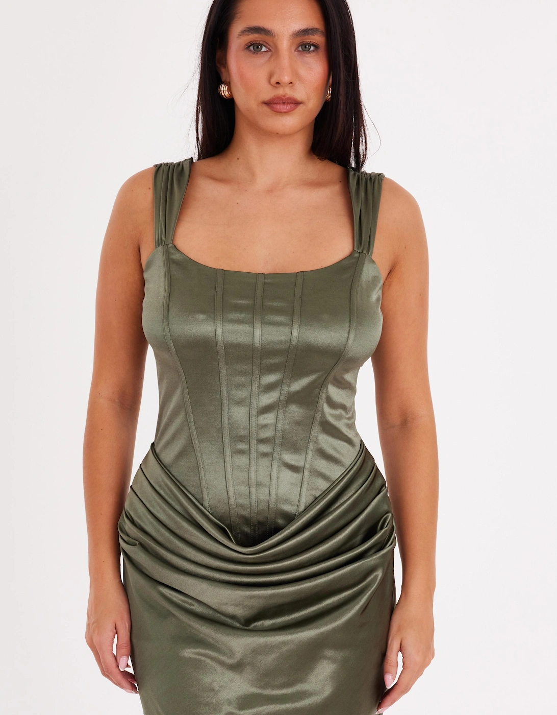 Green Satin Corset Draped Mini Dress, 2 of 1