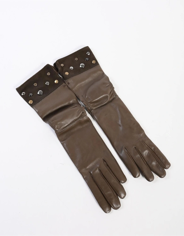Long Leather Gloves Studded Cuff  - Brown