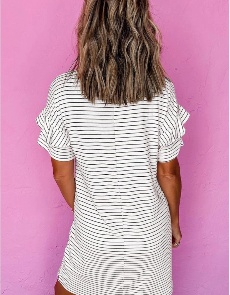 White Stripe Ruffled Short Sleeve Crew Neck T Shirt Shift Mini Dress