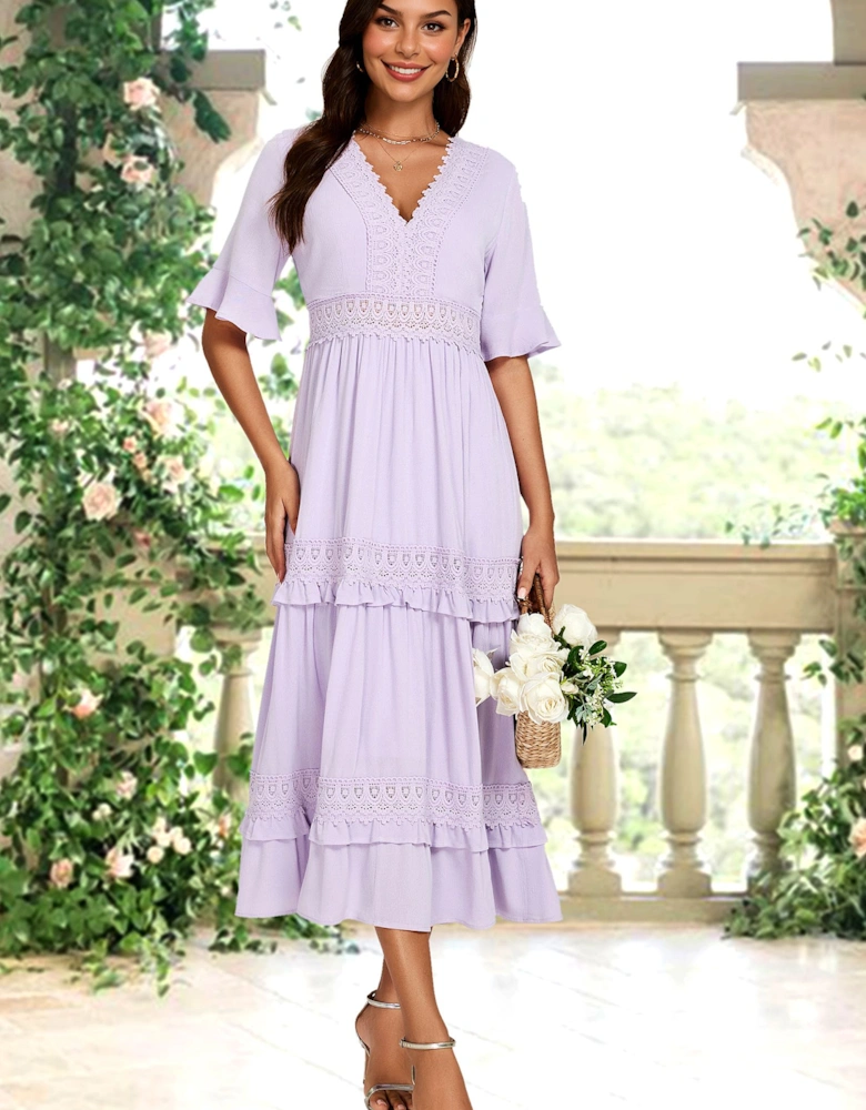 V Neck Lace Detail Midi Dress