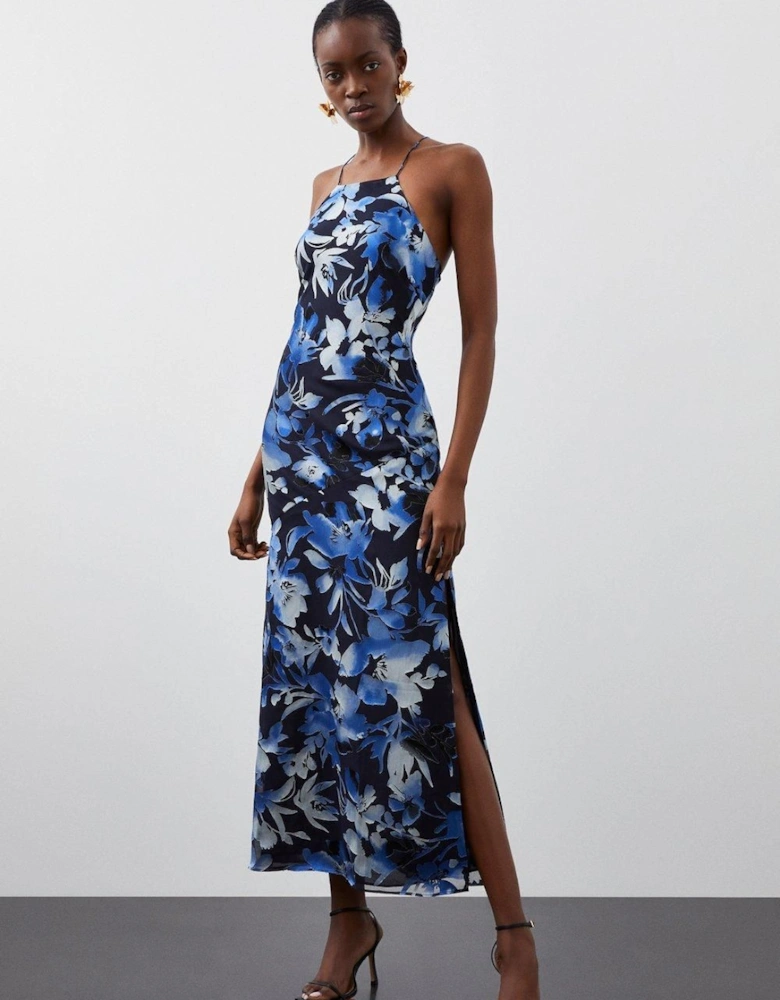 Satin Floral Devore Woven Strappy Maxi Dress