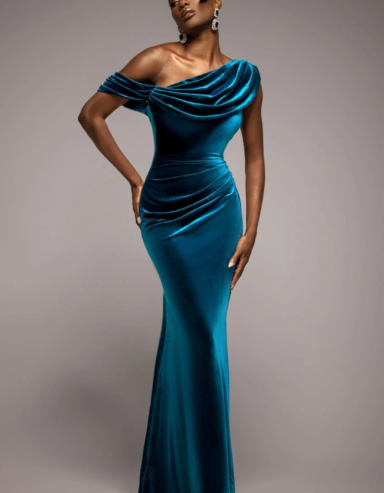 Cowl One Shoulder Velvet Maxi Dress