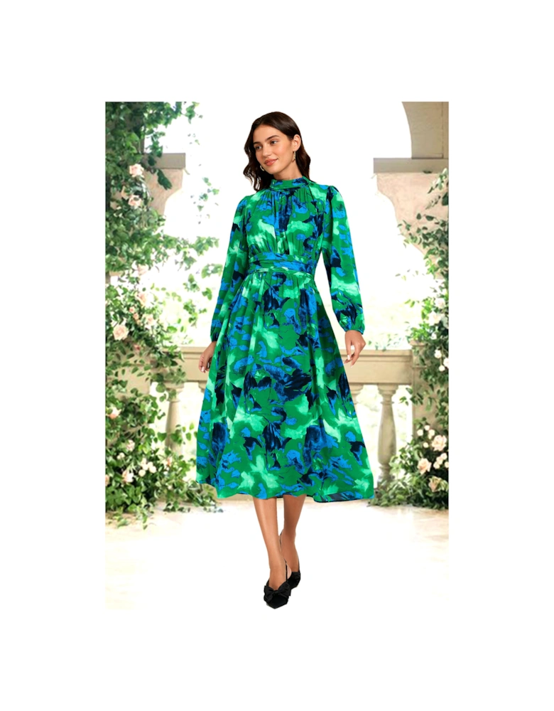 Abstract Floral Print Long Sleeve Midi Dress In Green