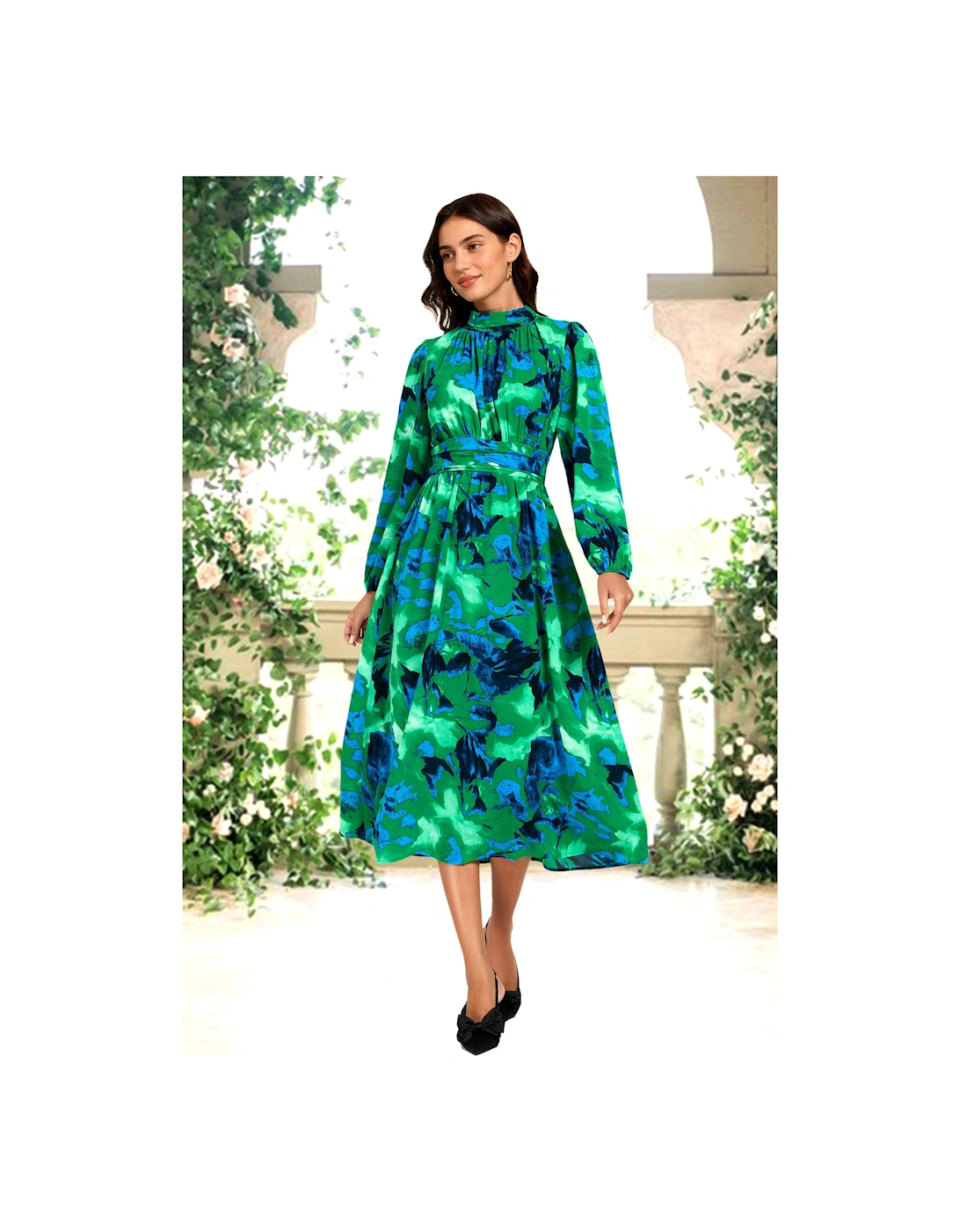 Abstract Floral Print Long Sleeve Midi Dress In Green, 2 of 1