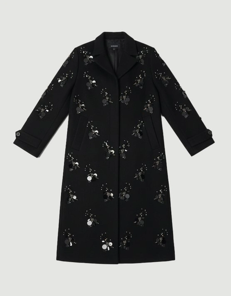 Wool Embellished Single Breasted Tailored Coat