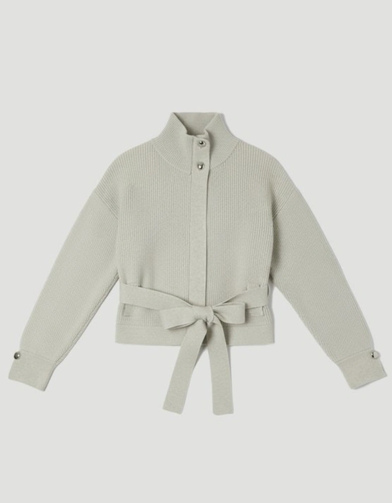 Cable Knit Belted Funnel Neck Jacket