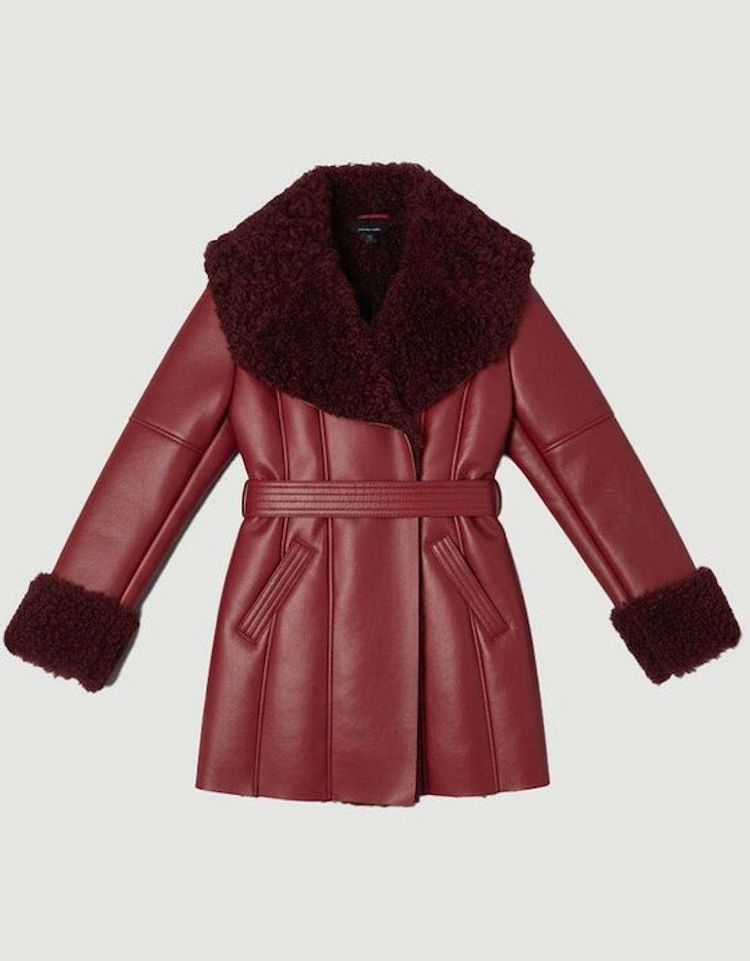 Faux Long Fur Belted Cuff And Collar Coat