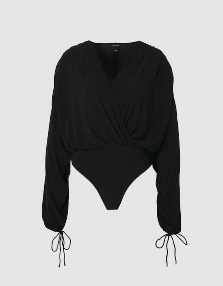 Plus Size Stretch Drapey Crepe Ruched Plunge Neck Batwing Sleeve Bodysuit