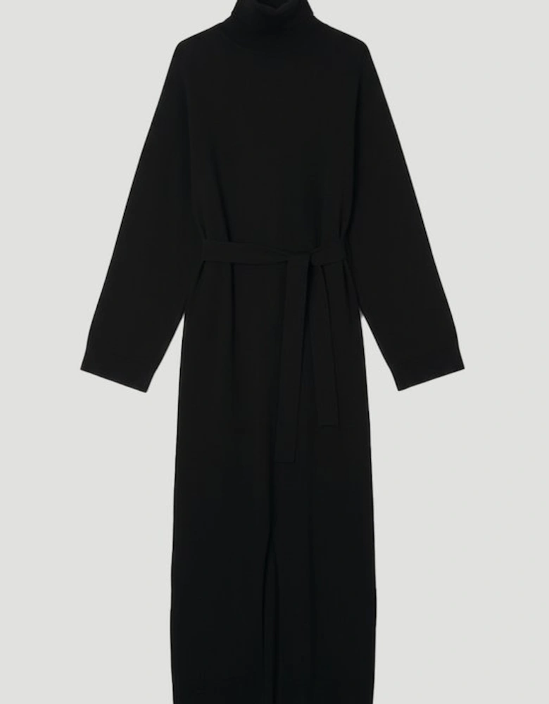 Viscose Blend Funnel Neck Belted Knitted Midi Dress
