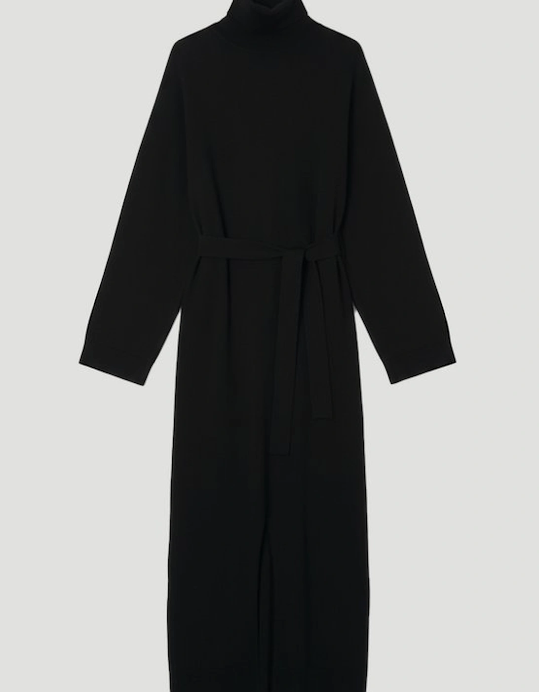 Viscose Blend Funnel Neck Belted Knitted Midi Dress