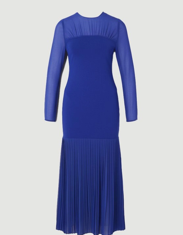 Woven Knit Mix Pleated Midi Dress