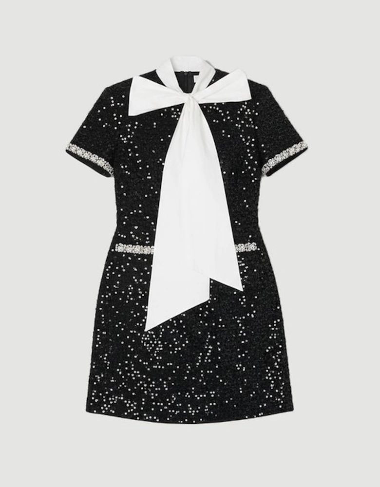 Plus Size Tailored Sequin Tweed Tie Bow Neck Embellished Mini Dress